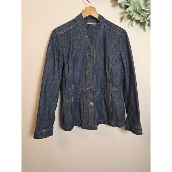Jill Cotton Denim Pleated Peplum Button Front Military Jacket, Size